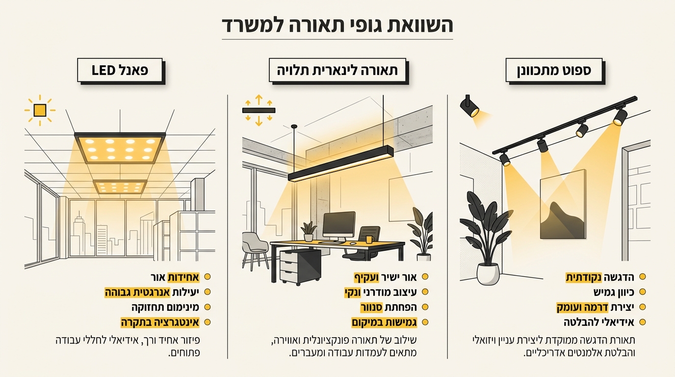 השוואה בין סוגי גופי תאורה למשרד