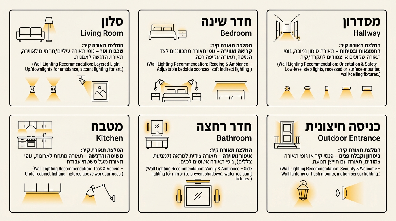 טבלת השוואה של גופי תאורה צמודי קיר לפי חלל ושימוש