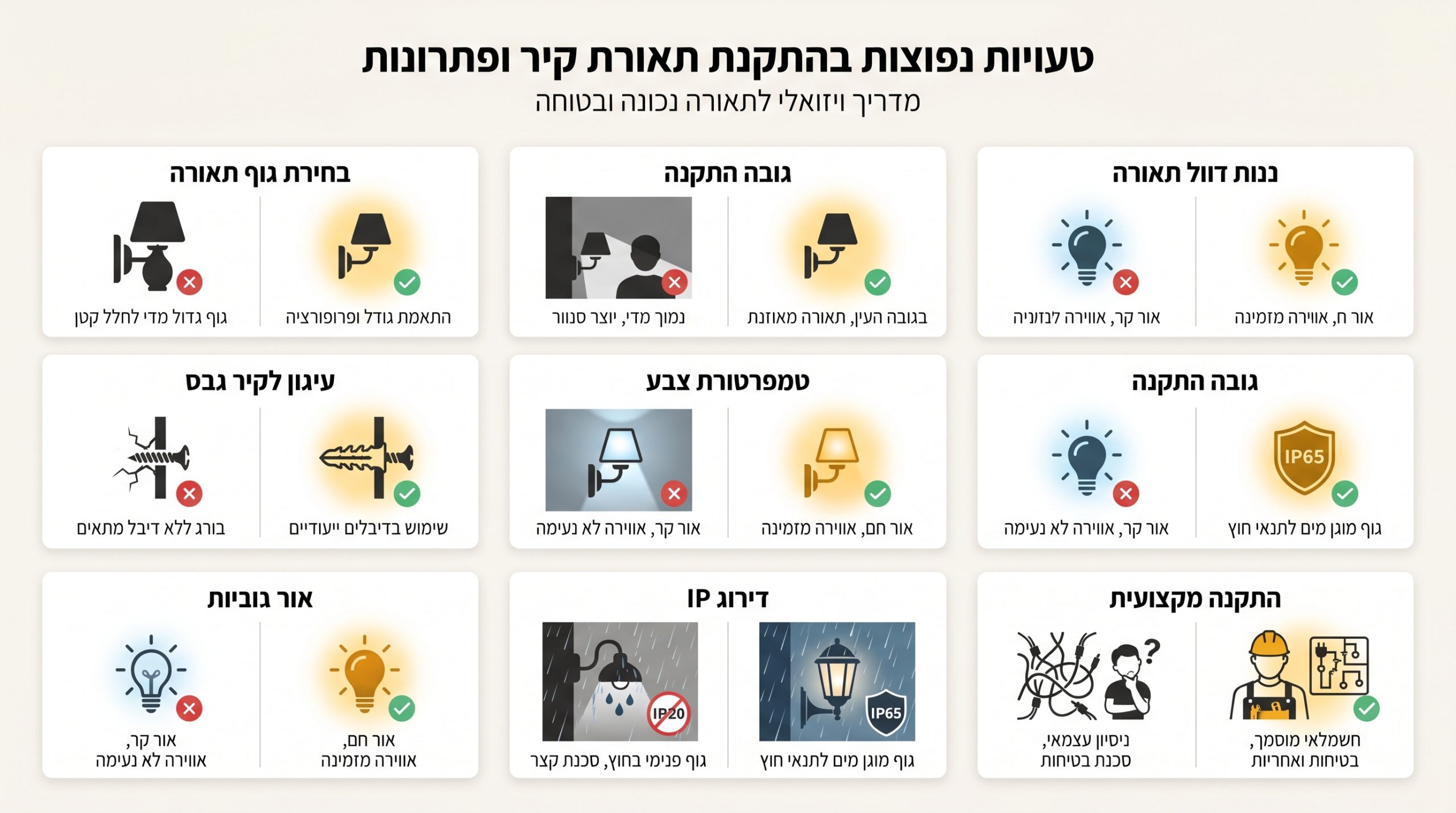 טבלת טעויות נפוצות ופתרונות מקצועיים בתאורת קיר