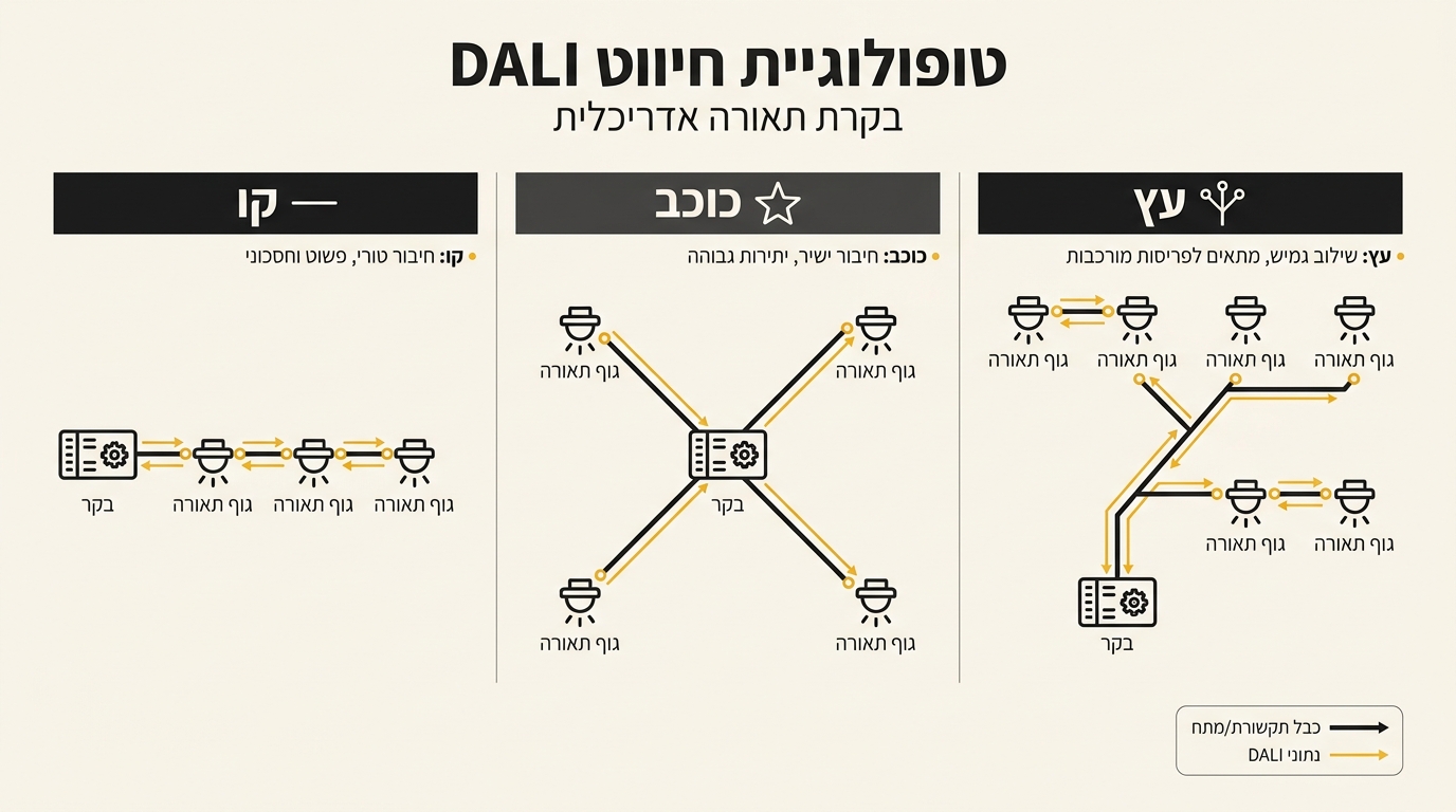 סכמת חיווט רשת DALI בשטח עם טופולוגיות שונות