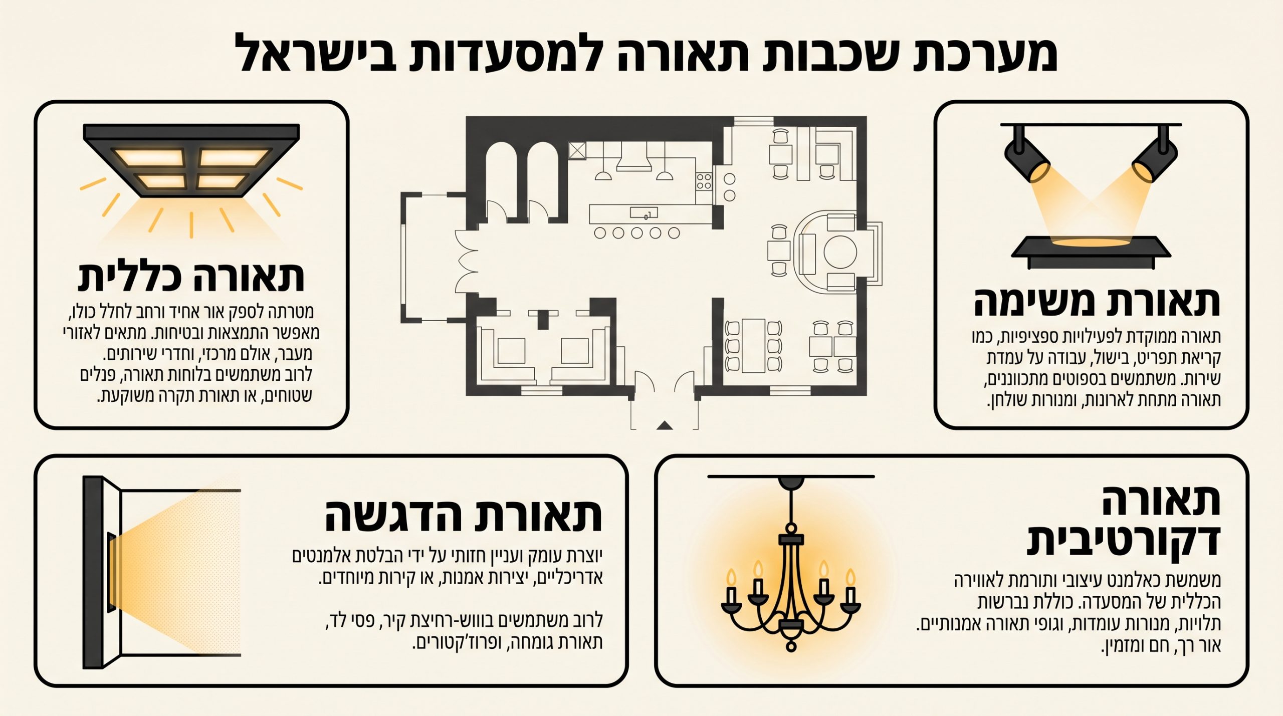 תכנון שכבות תאורה משולבות במסעדה ובבית קפה