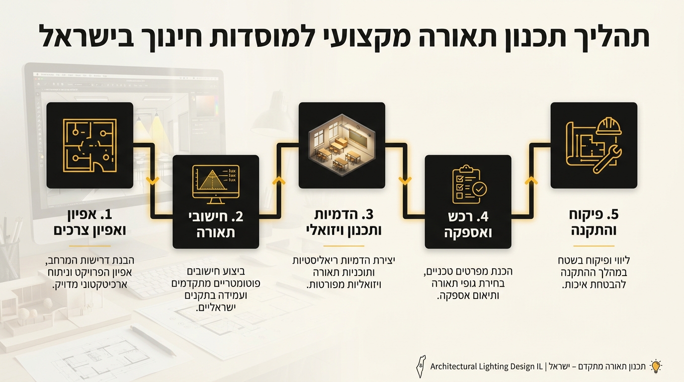 שלבי תכנון תאורה למוסדות חינוך - אפיון, חישוב והדמיה