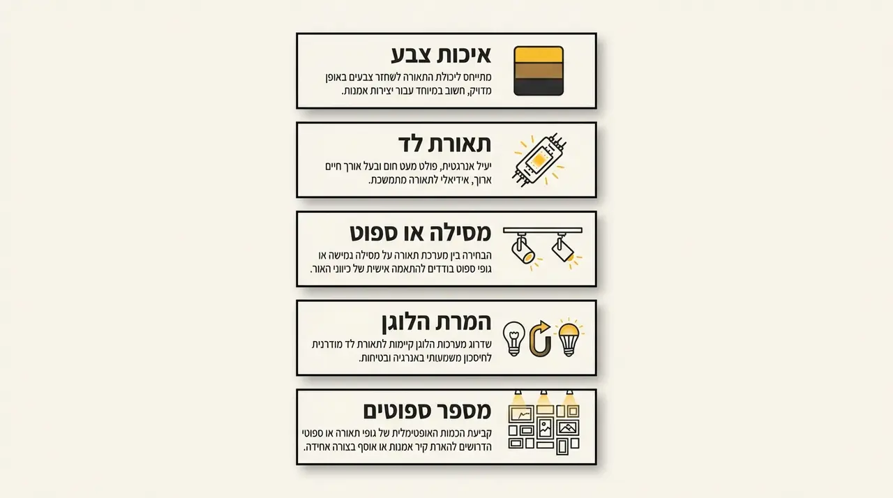 רשימת שיקולים מרכזיים שכדאי לבדוק לפני הזמנת תאורה לאמנות