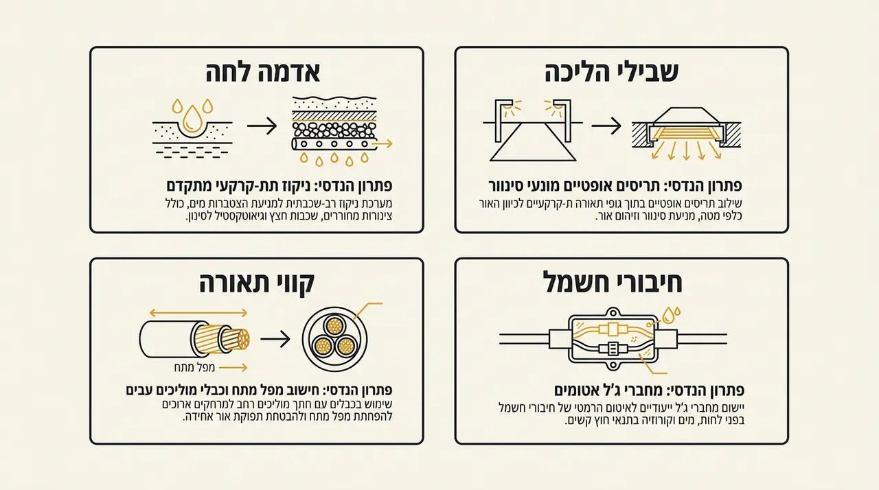 טבלת מיפוי המקשרת בין אתגרים הנדסיים בשטח לפתרונות תאורה מתאימים בפרויקטי חוץ