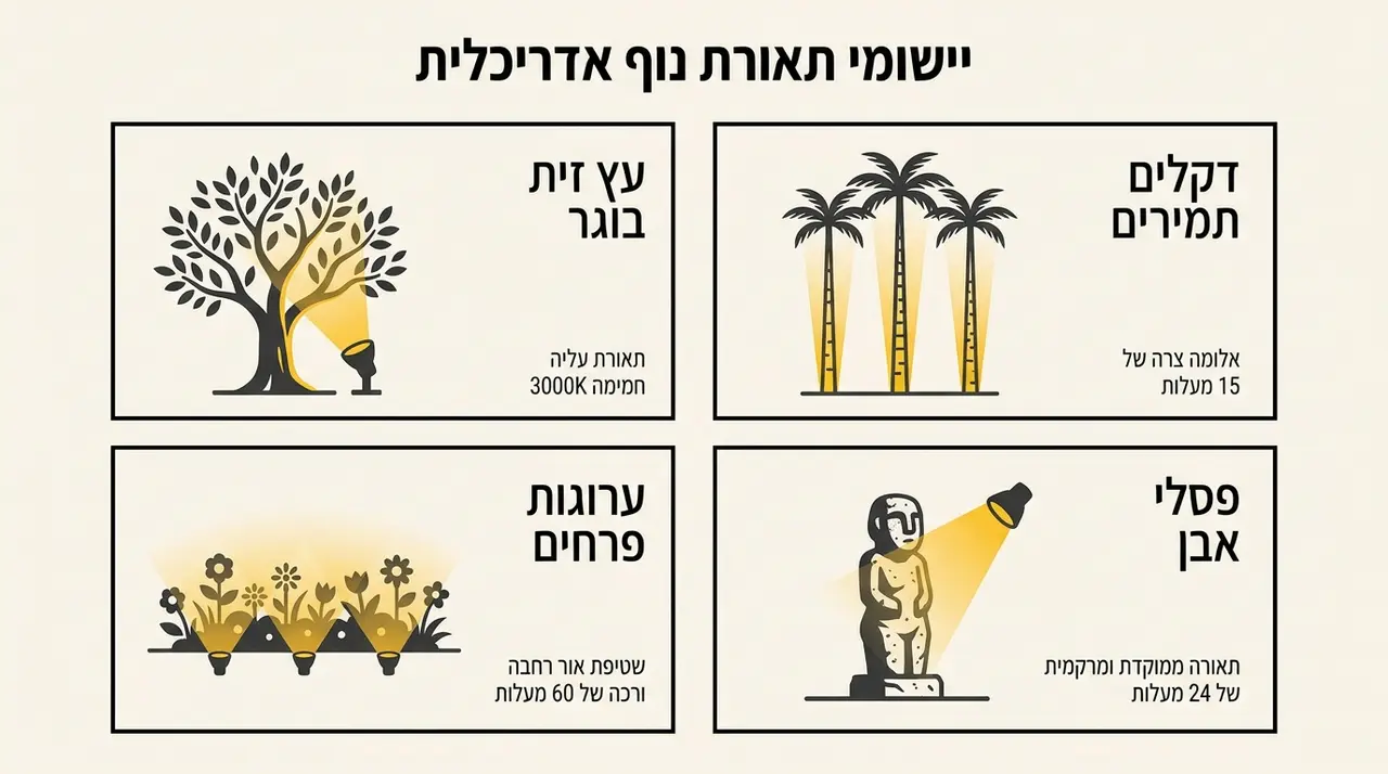 התאמת טמפרטורת צבע וזוויות אלומה לאלמנטים צמחיים שונים בגינה ציבורית