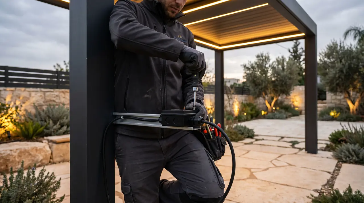 חשמלאי מוסמך מתקין מסילת תאורה חיצונית בדירוג IP65